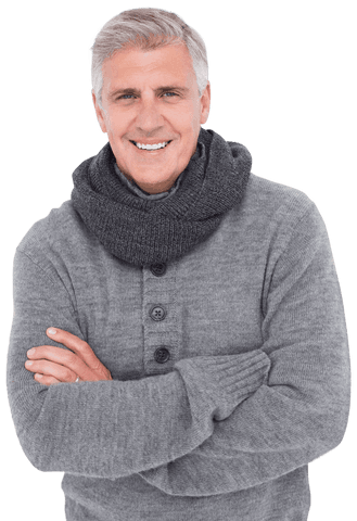 Casual Mature Man in Warm Gray Sweater on Transparent Background