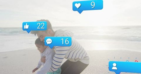 Father guiding son on beach holding child with social media notification overlays