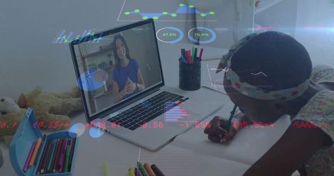Child Writing at Home Desk with Laptop for Online Learning Inspiration