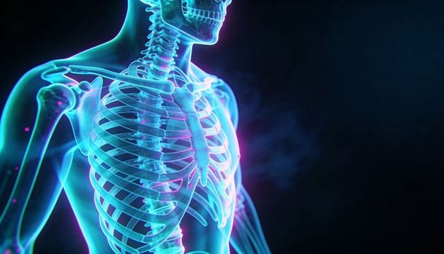 Glowing neon 3d torso revealing rib cage, skull and spine in translucent medical illustration