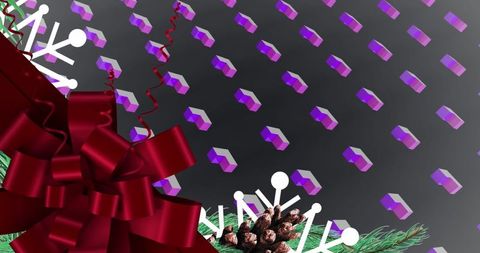 Festive Red Ribbon with Pine Cones and 3D Snowflakes Background