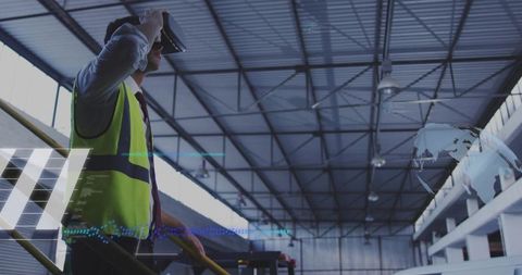 Inspecting warehouse roof with AR headset in neon safety vest with holographic overlay