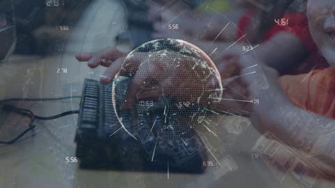 Child Engaged in Learning Coding Skills with Digital World Overlay