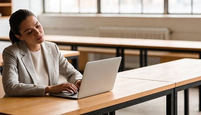 Professional woman typing on laptop at long wooden classroom table in modern workspace