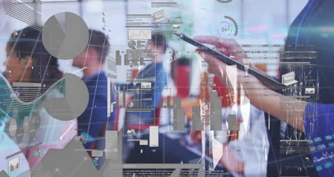 Digital Charts Hover Over Office Workers Analyzing Data