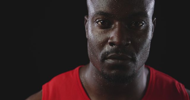 Close-up of Determined Athlete with Sweat Wearing Red Tank Top on Black Background - Download Free Stock Images Pikwizard.com