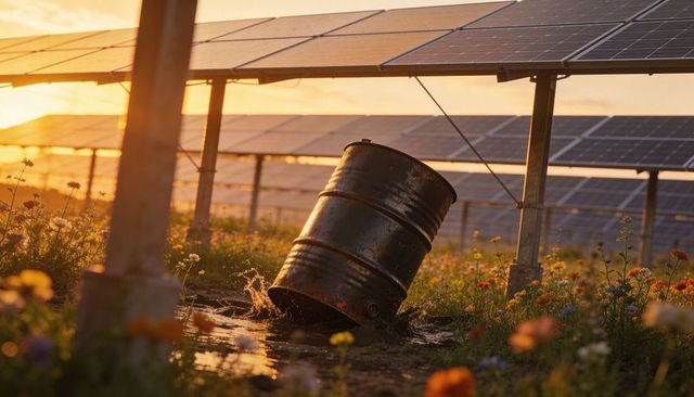 Rusting drum leaking dark oil into muddy puddle under solar panels with flowers at sunset