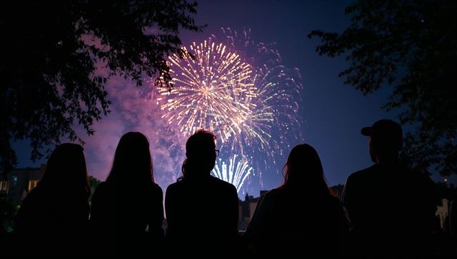 Five friends silhouetted at waterfront railing watching fireworks burst over city skyline
