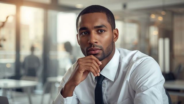 Young professional man in modern office looking thoughtful and focused, corporate portrait