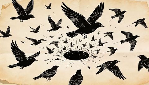 Swirling black birds circling central void on stained parchment with ink splatters
