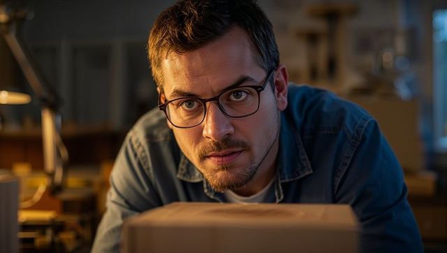 Concentrated male woodworker shaping wooden block on workbench under warm lamp light