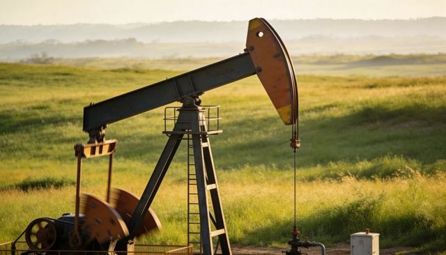 Pumpjack pumping on pasture at golden hour, rural oil field machinery scene