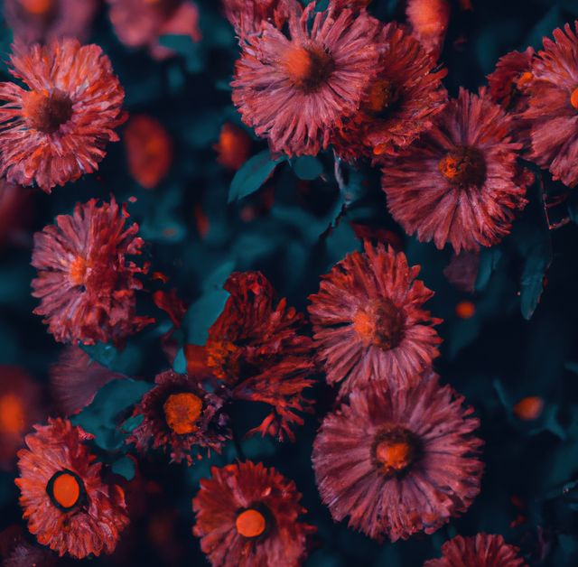 This image captures a striking close-up of red chrysanthemum flowers bathed in dramatic lighting. Their vibrant colors and detailed petals convey both beauty and intensity, making this perfect for use in gardening websites, floral-themed designs, nature blogs, and decorative prints.