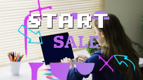 Woman Using Laptop with Dynamic Sale Animation