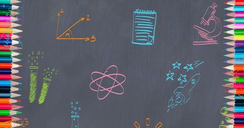 Colorful science doodles on chalkboard with pencils border