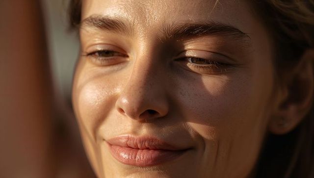 Smiling woman basking in warm golden-hour light with freckled skin and stud earring