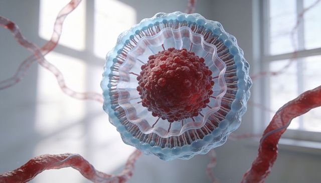 Nanoparticle showing red nodular core within translucent membrane with radial filaments