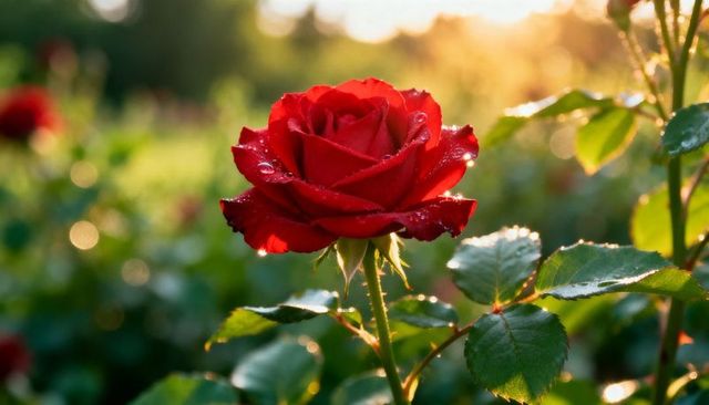 Blooming red rose with dew drops, sunlit closeup in garden, golden hour rimlight and bokeh