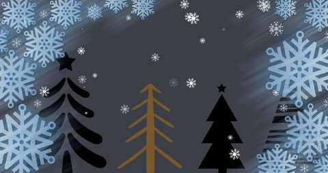 Winter Magic with Christmas Trees and Snowflakes on Dark Background