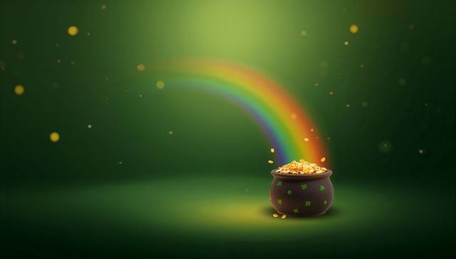 Rainbow leading to pot of gold with glowing coins and shamrock cauldron on deep green