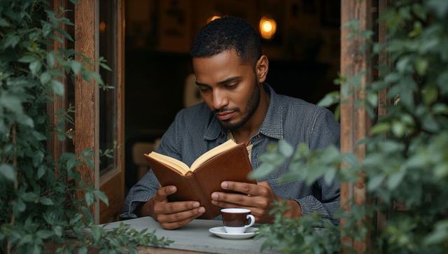 Reading man at open window holding hardcover book and espresso, framed by ivy