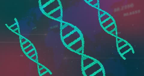 Digital DNA Strands Animating Over World Map with Data Stream