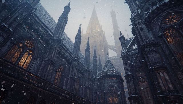 Gothic cathedral spires rising through falling snow with glowing stained-glass windows