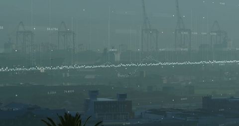 Financial Data Visualization Over City and Port Cranes - Download Free Stock Images Pikwizard.com