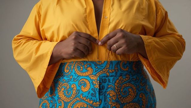 Zipping yellow jacket with paisley skirt closeup, woman fastening colorful outfit