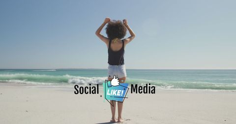 Young Woman Enjoying Summer Beach with Social Media Graphic Overlay