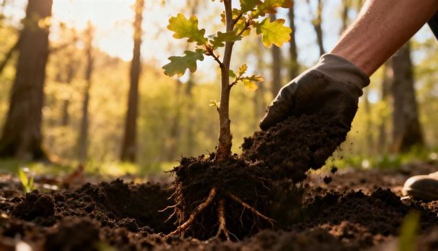 Planting oak sapling at golden hour, gloved hand scooping soil around exposed roots