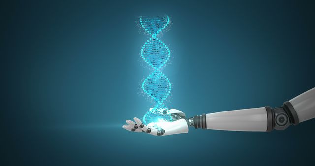 Visualizes intersection of robotics and genetic science. Great for articles on future medical breakthroughs, advancements in biotechnology and AI applications in genetics. Fits well in laboratories, tech blogs, educational platforms on science and technology advancements.