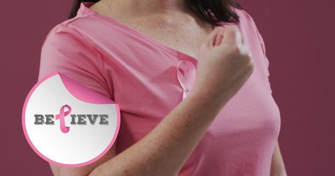 Breast Cancer Awareness Woman with Pink Ribbon on Shirt