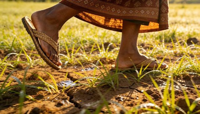 Walking through cracked soil wearing woven sandals and patterned wrap in golden sunlight