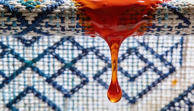 Dripping amber resin droplet from woven textile edge, glossy liquid macro detail backlit mesh