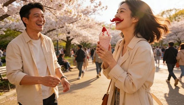 Laughing couple under cherry blossoms sharing strawberry milkshake with playful mustache
