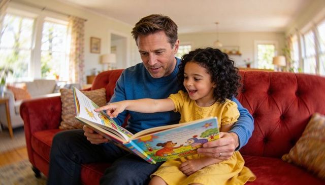 Father reading colorful storybook with daughter on red sofa, cozy sunlit family bonding