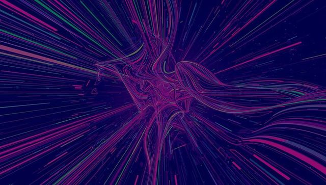 Neon ribbon vortex exploding in magenta and cyan streaks with cosmic motion