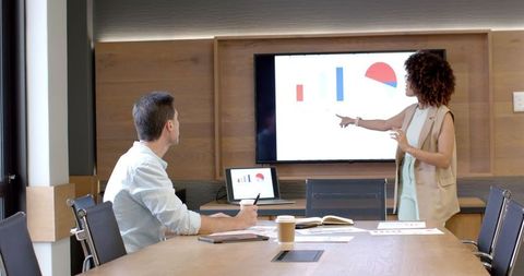 Team Presenting Business Analytics to Colleagues in Modern Office