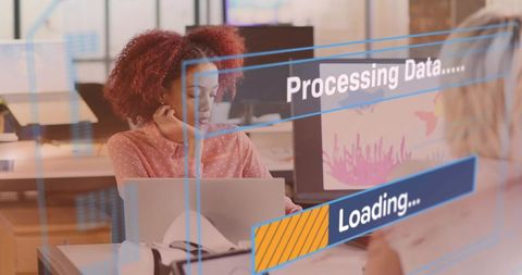 Woman typing on laptop in open office with processing data overlay and loading bar
