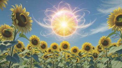 Mystical god energy orb hovering over vibrant sunflower field