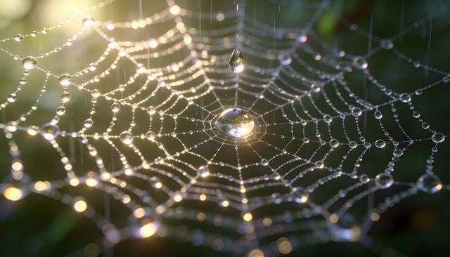 Glittering dew-covered spiderweb macro capturing sunlight and water droplets at sunrise