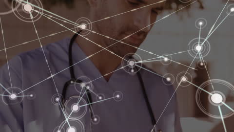 Doctor Using Digital Tablet with Connected Network Overlay
