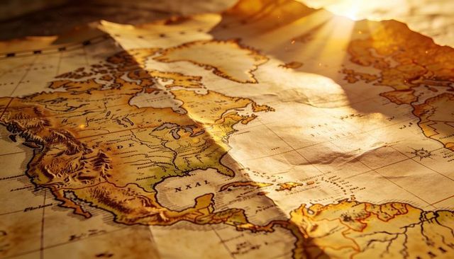 Sunlit antique parchment map of north and central america with compass rose and topography