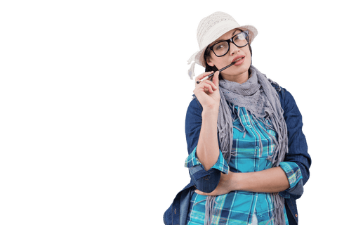Creative caucasian woman thinking on transparent background