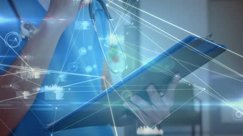 Digital Network Overlay on Doctor Analyzing Medical Notes