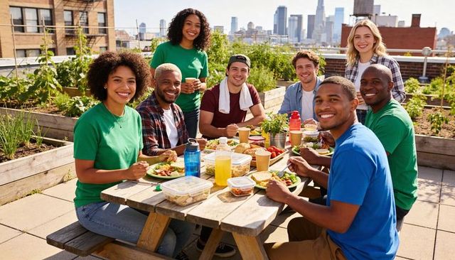 Volunteers sharing rooftop garden lunch, eating together around wooden picnic table with city skylin