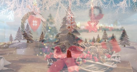Festive Holiday Scene with Snowy Trees and Wreath Decorations - Download Free Stock Images Pikwizard.com