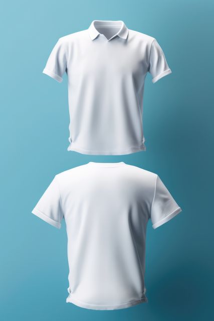 Presentation of plain white polo shirt shown from front and back views on blue background. Ideal for apparel mockups, fashion design, online shops, and promotional materials where customizable clothing images are required.