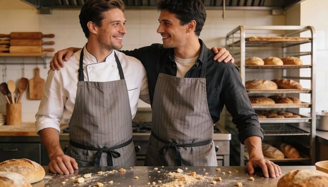 Bakers sharing friendly moment while preparing artisan loaves in warm bakery kitchen